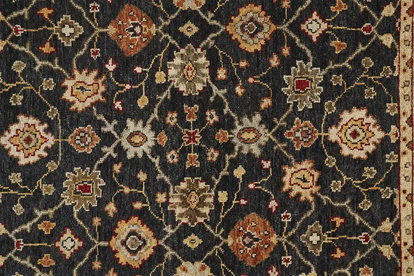 Black Gold And Gray Wool Floral Hand Knotted Stain Resistant Area Rug With Fringe Photo 6