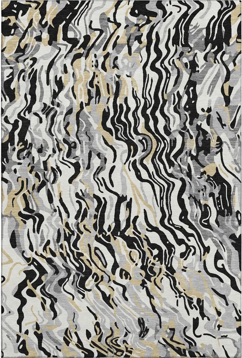 Black Gold And Ivory Abstract Washable Area Rug With UV Protection Photo 1