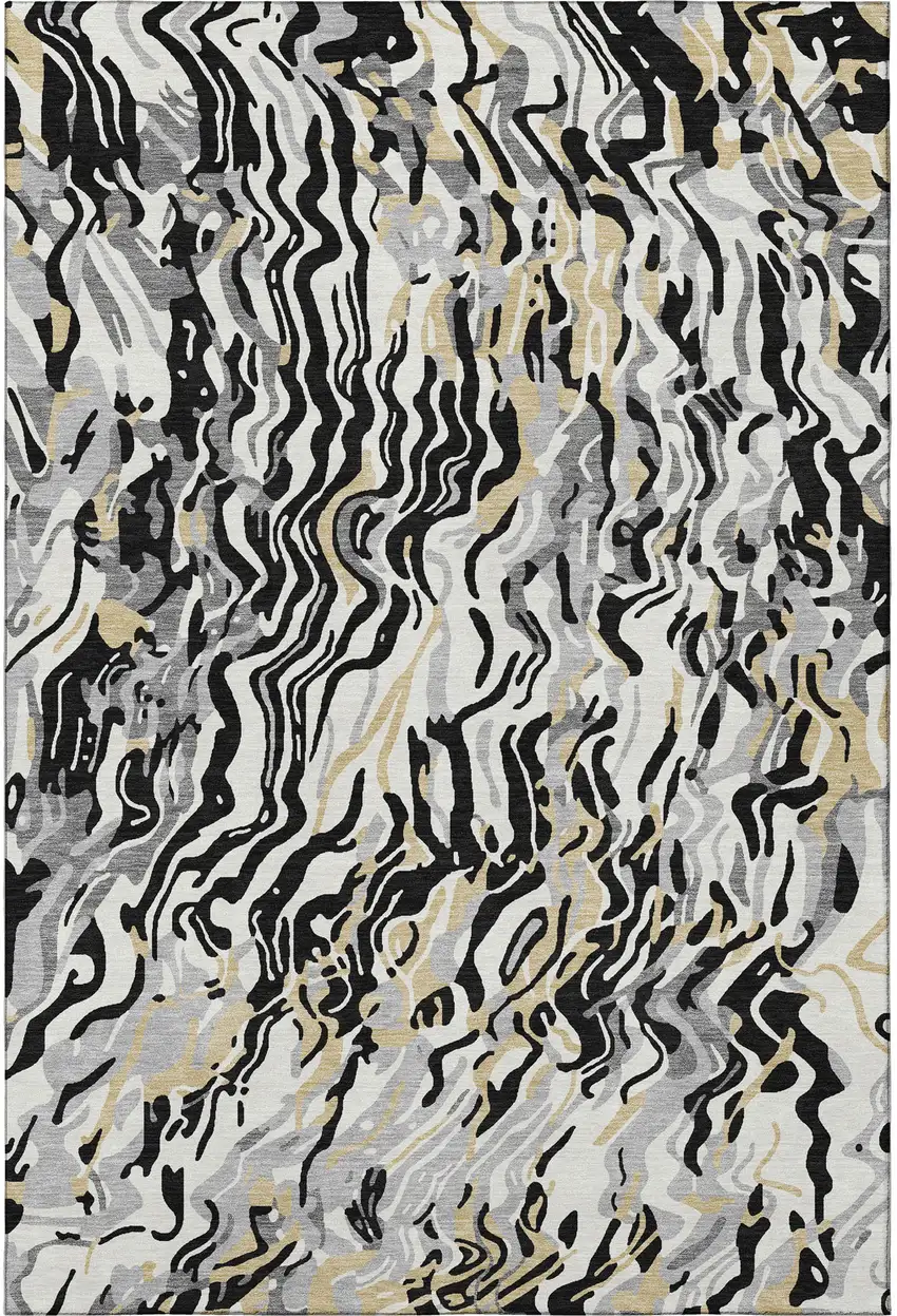 Black Gold And Ivory Abstract Washable Area Rug With UV Protection Photo 2