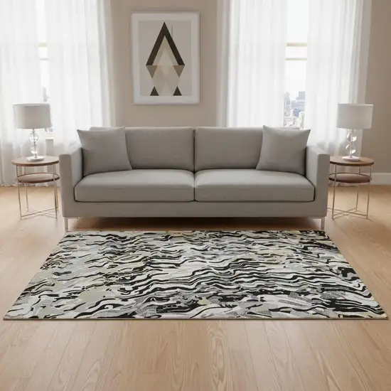 Black Gold And Ivory Abstract Washable Area Rug With UV Protection Photo 2