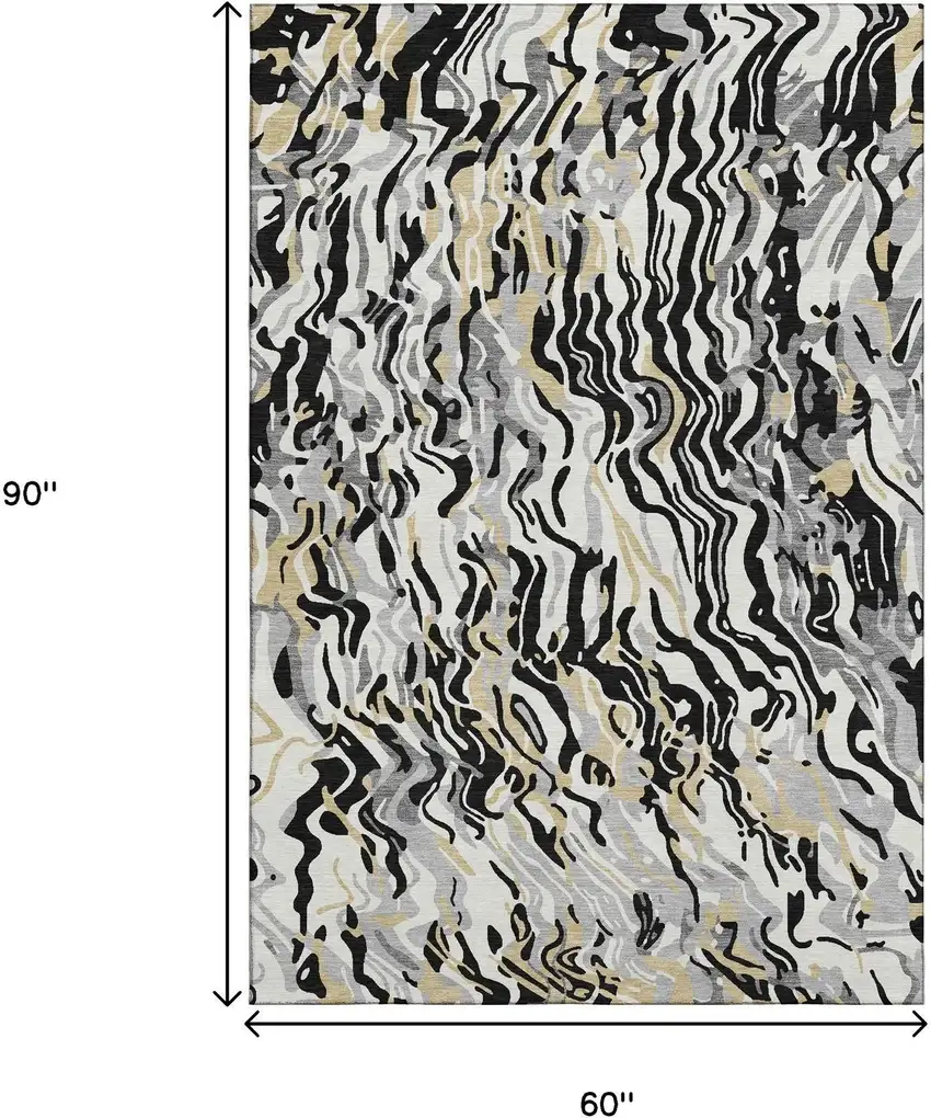 Black Gold And Ivory Abstract Washable Area Rug With UV Protection Photo 9