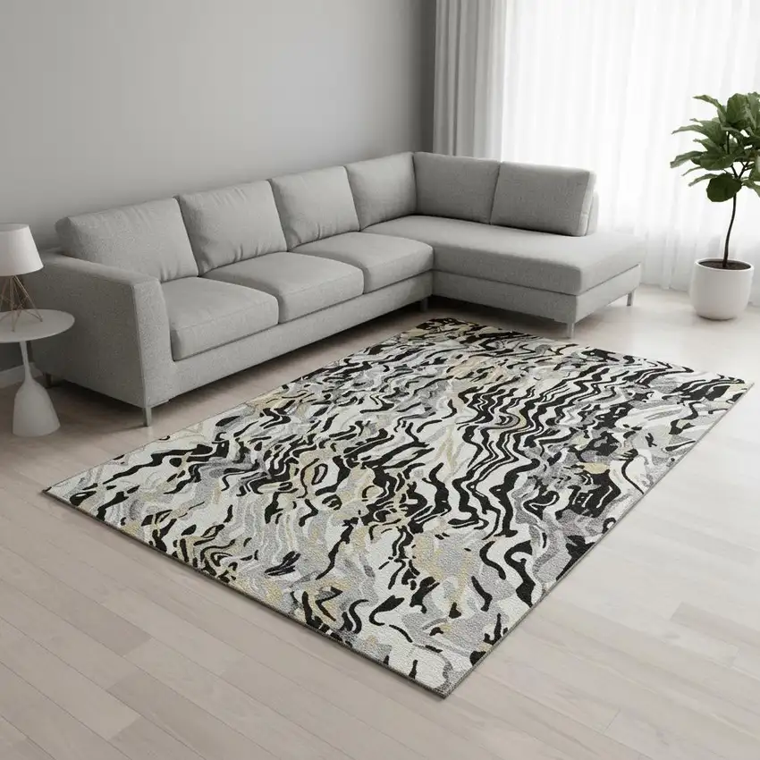 Black Gold And Ivory Abstract Washable Area Rug With UV Protection Photo 2