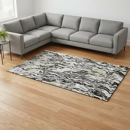 Black Gold And Ivory Abstract Washable Area Rug With UV Protection Photo 2