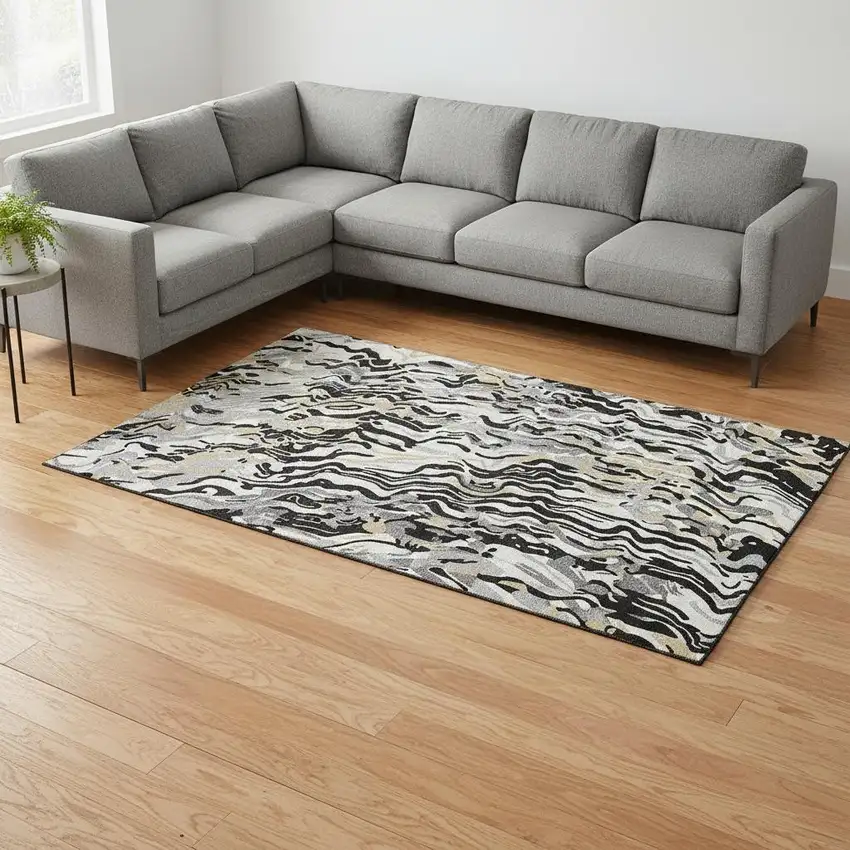 Black Gold And Ivory Abstract Washable Area Rug With UV Protection Photo 2