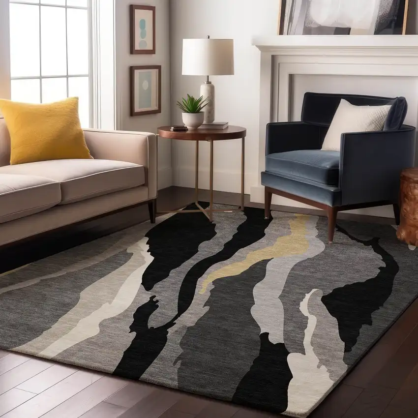Black Gold And Ivory Abstract Washable Area Rug With UV Protection Photo 2