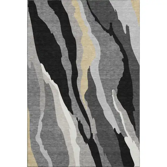 Black Gold And Ivory Abstract Washable Area Rug With UV Protection Photo 4