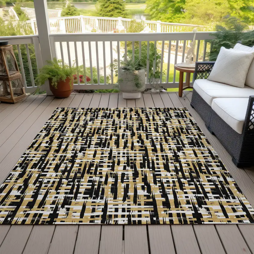 Black Gold And Ivory Abstract Washable Indoor Outdoor Area Rug Photo 8
