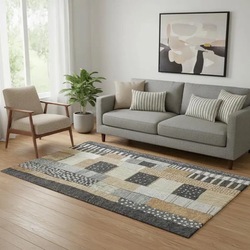 Black Gold And Ivory Geometric Washable Area Rug With UV Protection Photo 2