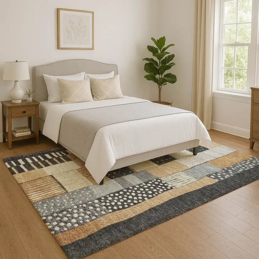 Black Gold And Ivory Geometric Washable Area Rug With UV Protection Photo 4