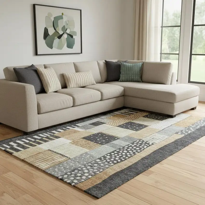 Black Gold And Ivory Geometric Washable Area Rug With UV Protection Photo 2