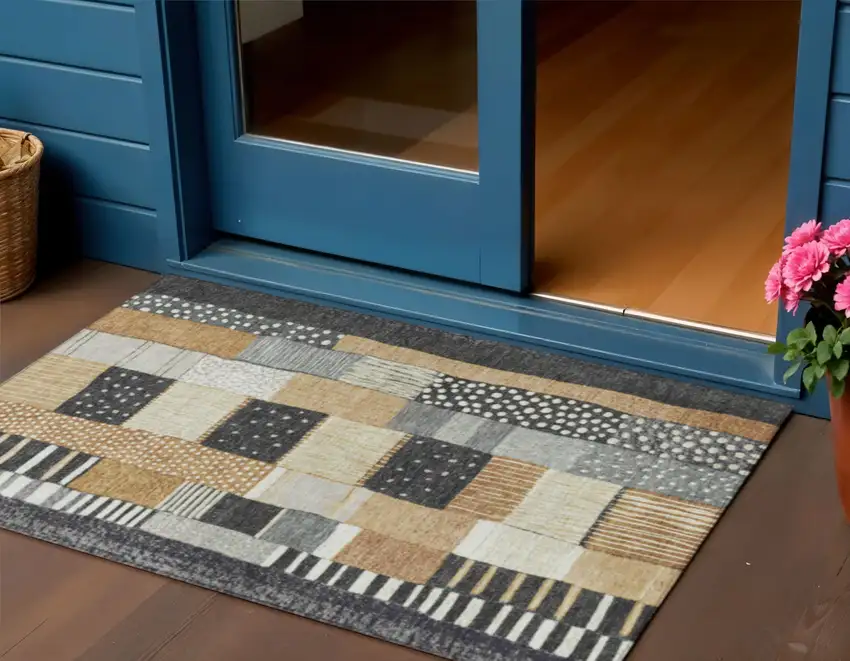 Black Gold And Ivory Geometric Washable Indoor Outdoor Area Rug Photo 2