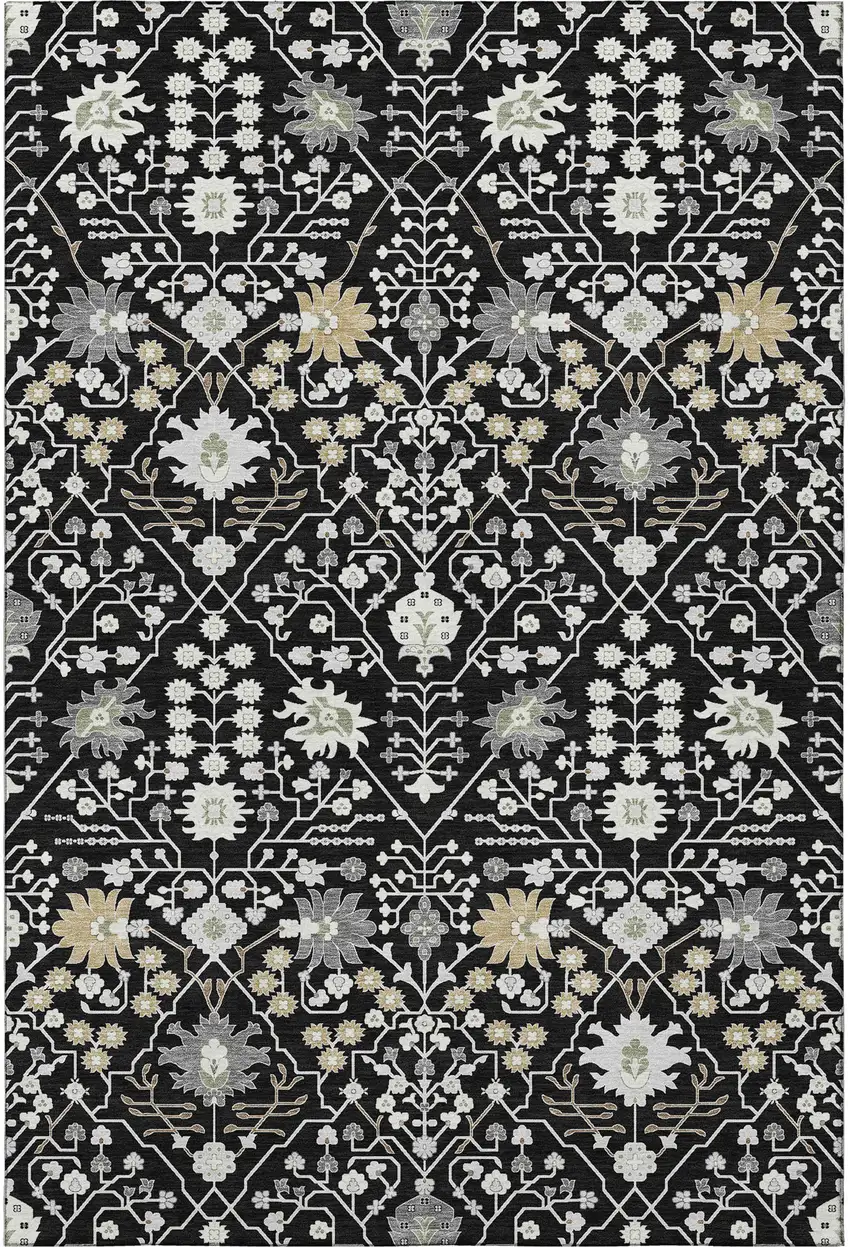 Black Gold And Ivory Oriental Washable Area Rug With UV Protection Photo 2