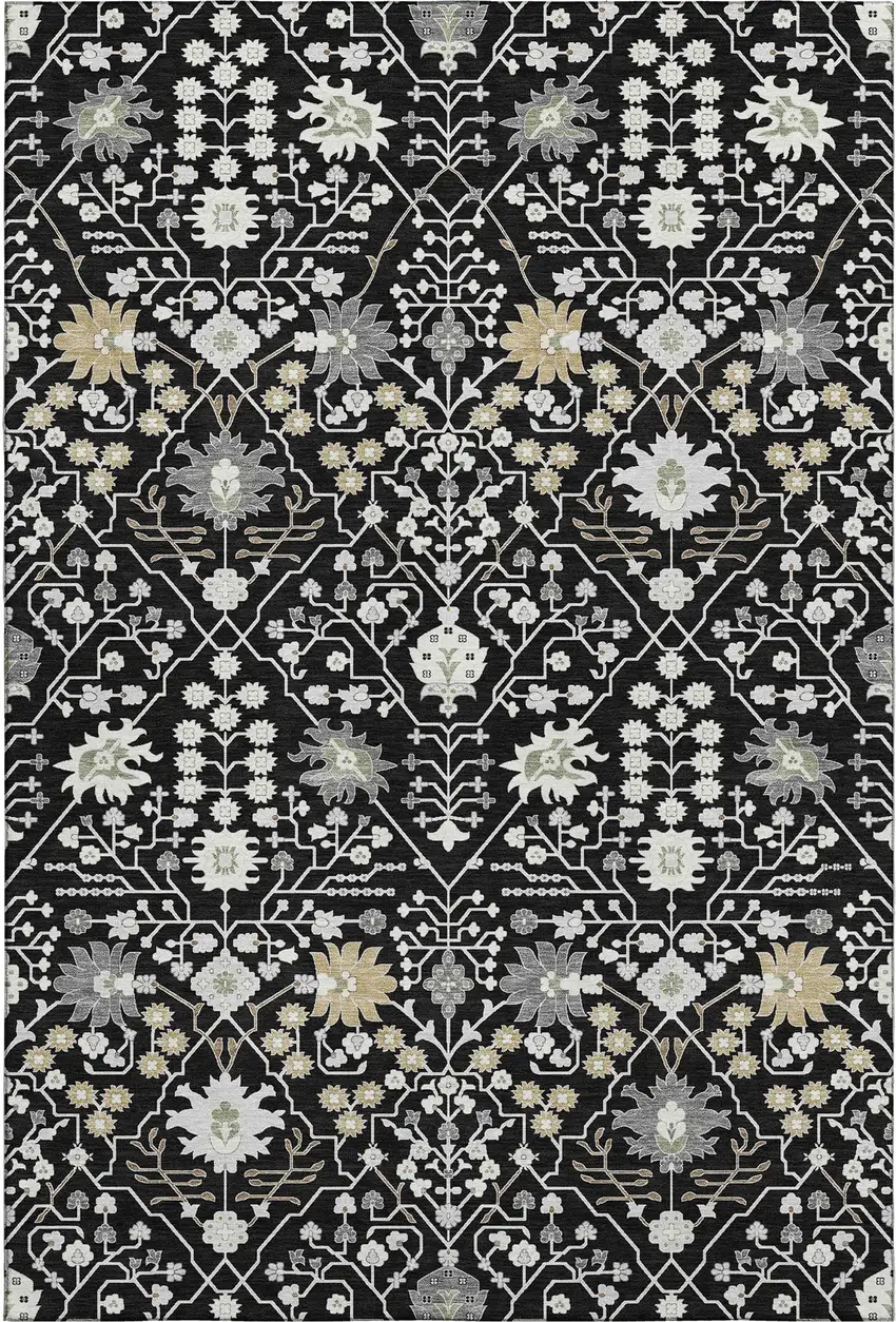 Black Gold And Ivory Oriental Washable Area Rug With UV Protection Photo 1