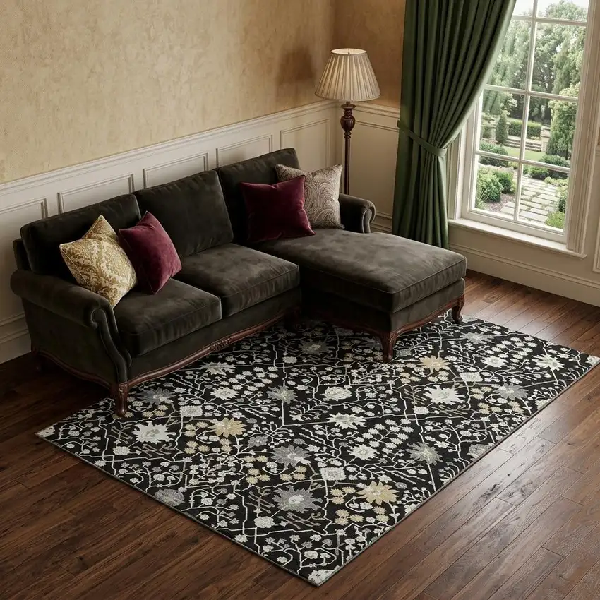 Black Gold And Ivory Oriental Washable Area Rug With UV Protection Photo 1