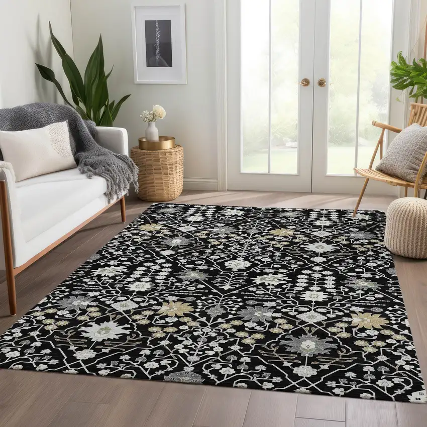 Black Gold And Ivory Oriental Washable Area Rug With UV Protection Photo 5