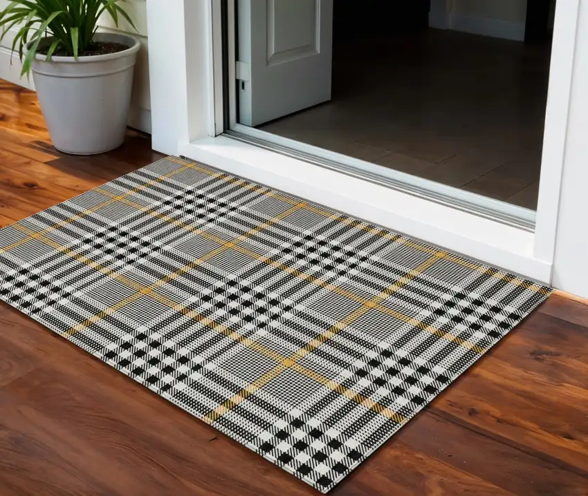 Black Gold And Ivory Plaid Washable Indoor Outdoor Area Rug Photo 1