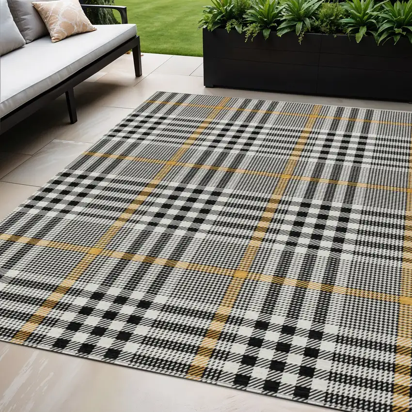 Black Gold And Ivory Plaid Washable Indoor Outdoor Area Rug Photo 1