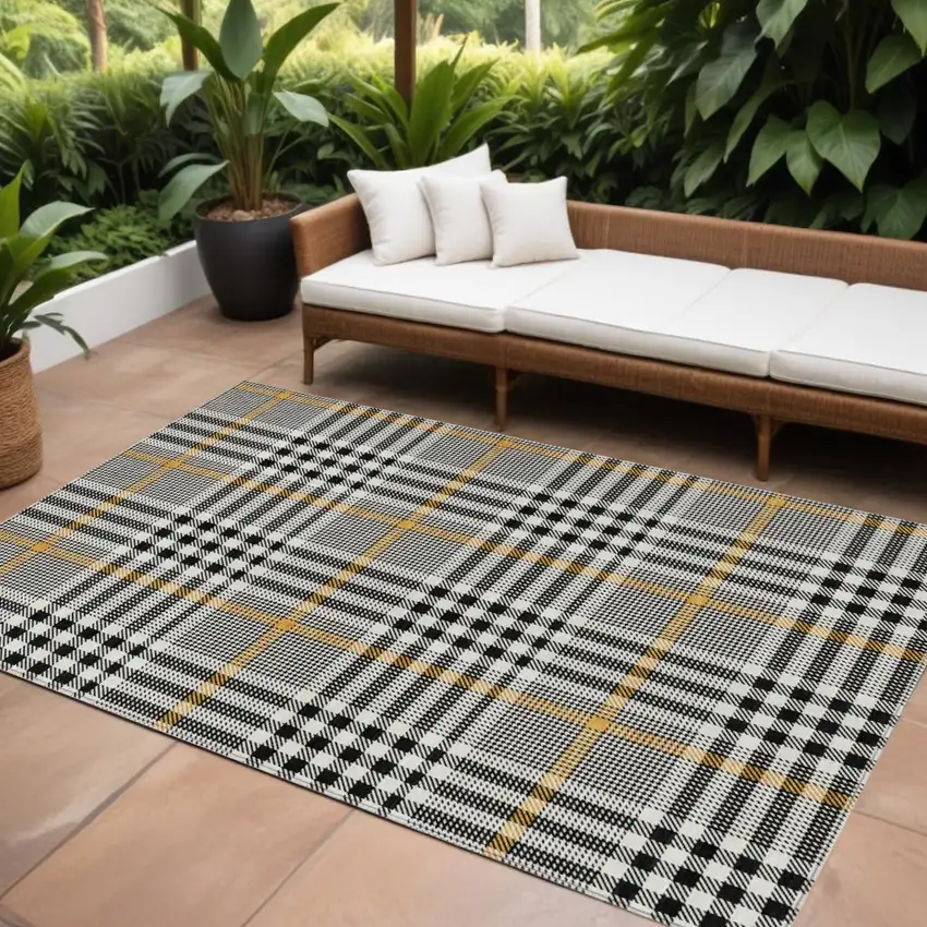 Black Gold And Ivory Plaid Washable Indoor Outdoor Area Rug Photo 1