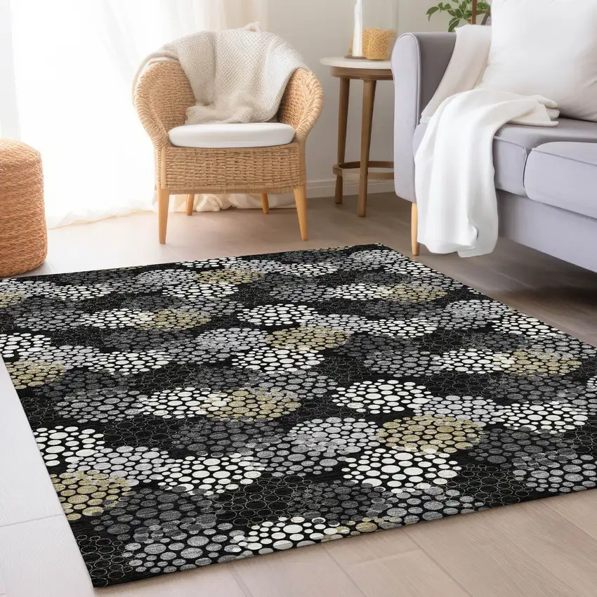 Black Gold And Ivory Polka Dot Washable Area Rug With UV Protection Photo 5