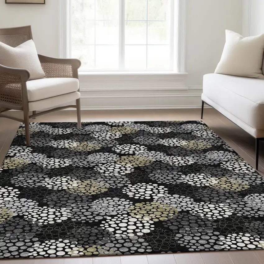 Black Gold And Ivory Polka Dot Washable Area Rug With UV Protection Photo 6