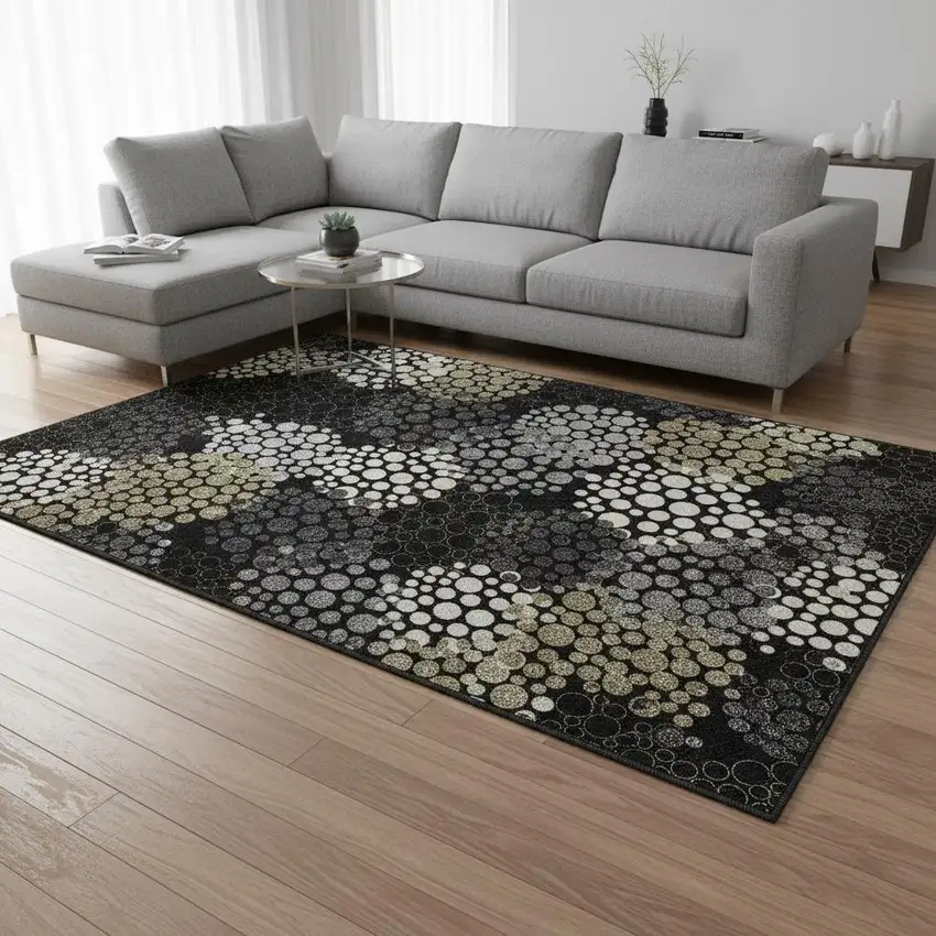 Black Gold And Ivory Polka Dot Washable Area Rug With UV Protection Photo 2