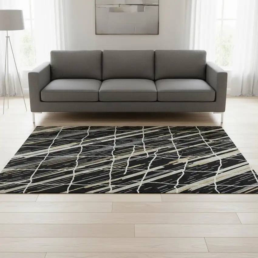 Black Gold And Ivory Striped Washable Area Rug With UV Protection Photo 2
