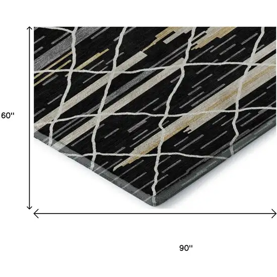 Black Gold And Ivory Striped Washable Area Rug With UV Protection Photo 9