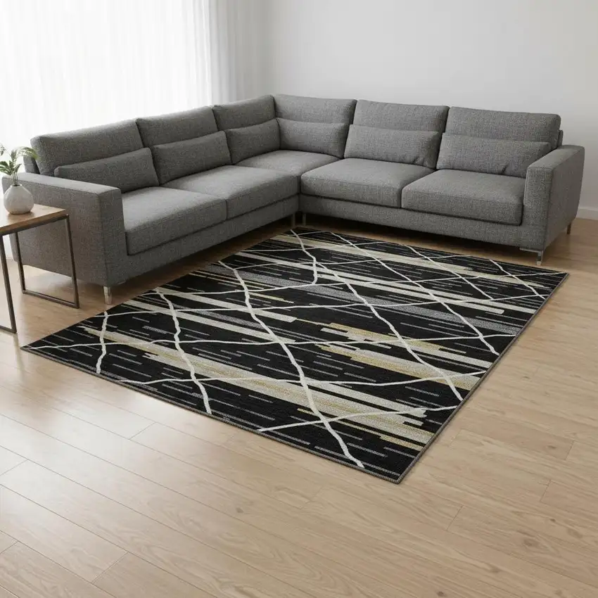 Black Gold And Ivory Striped Washable Area Rug With UV Protection Photo 2