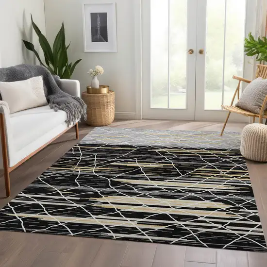 Black Gold And Ivory Striped Washable Area Rug With UV Protection Photo 4