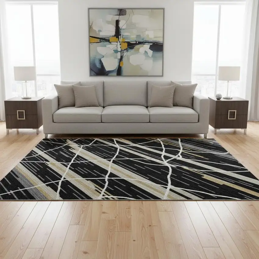 Black Gold And Ivory Striped Washable Area Rug With UV Protection Photo 2