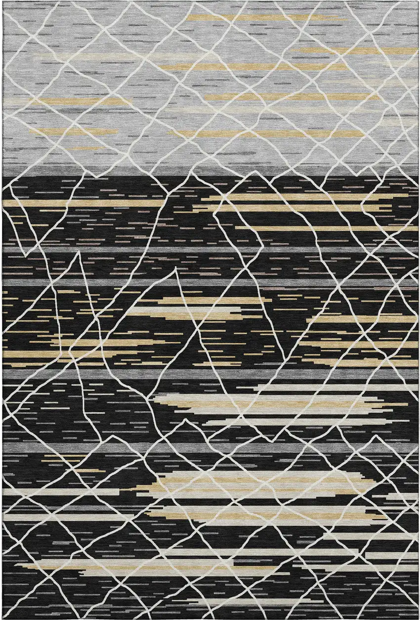 Black Gold And Ivory Striped Washable Area Rug With UV Protection Photo 4