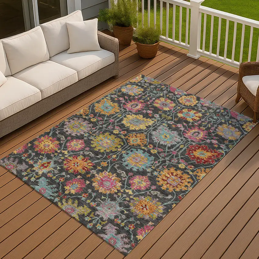 Black Gold And Pink Damask Washable Indoor Outdoor Area Rug Photo 7