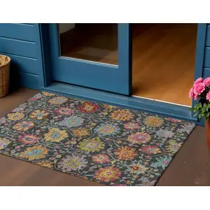Photo of Black Gold And Pink Damask Washable Indoor Outdoor Area Rug