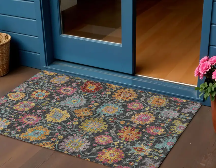 Black Gold And Pink Damask Washable Indoor Outdoor Area Rug Photo 1