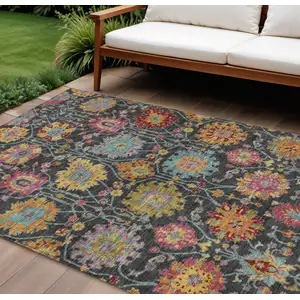 Photo of Black Gold And Pink Damask Washable Indoor Outdoor Area Rug
