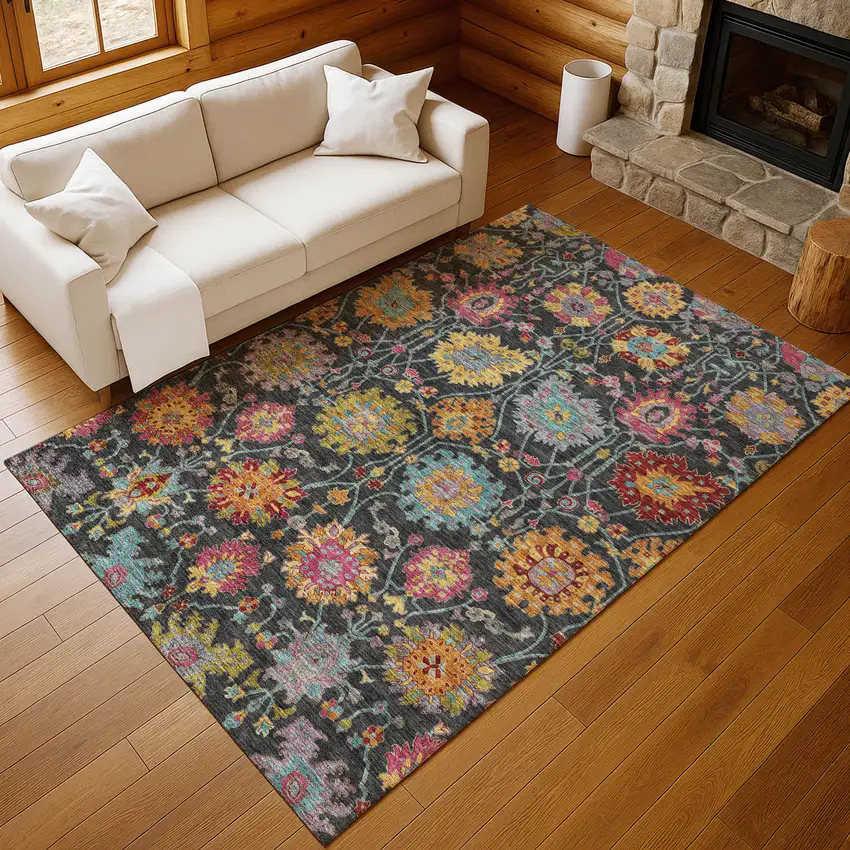 Black Gold And Pink Damask Washable Indoor Outdoor Area Rug Photo 9