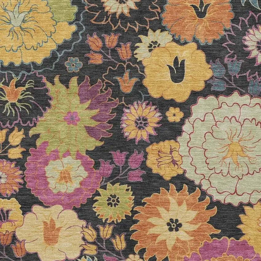 Black Gold And Pink Floral Washable Indoor Outdoor Area Rug Photo 7