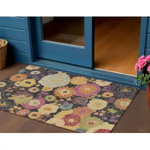 Photo of Black Gold And Pink Floral Washable Indoor Outdoor Area Rug
