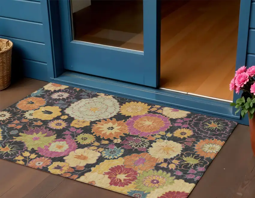 Black Gold And Pink Floral Washable Indoor Outdoor Area Rug Photo 1