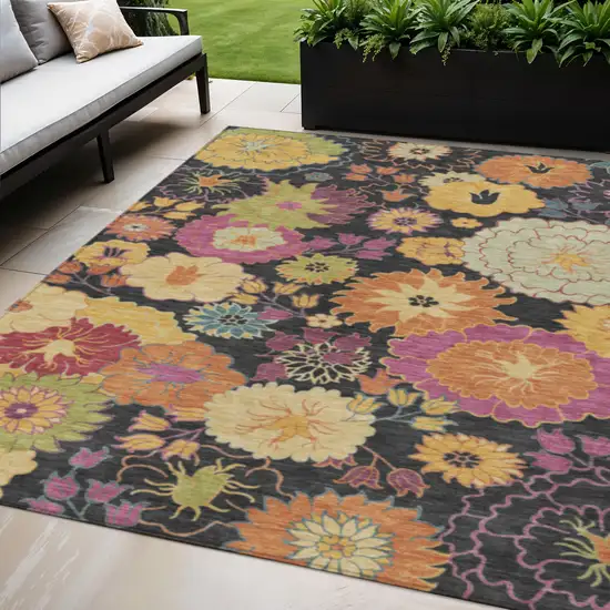 Black Gold And Pink Floral Washable Indoor Outdoor Area Rug Photo 1