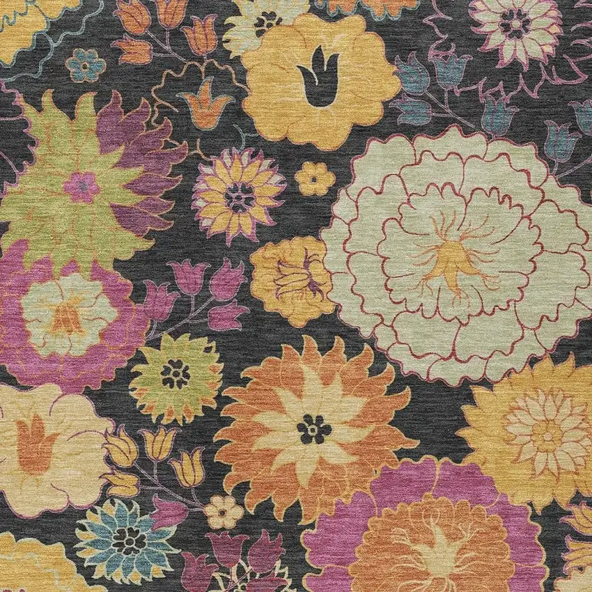 Black Gold And Pink Floral Washable Indoor Outdoor Area Rug Photo 7