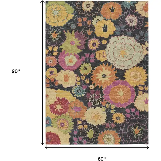 Black Gold And Pink Floral Washable Indoor Outdoor Area Rug Photo 3