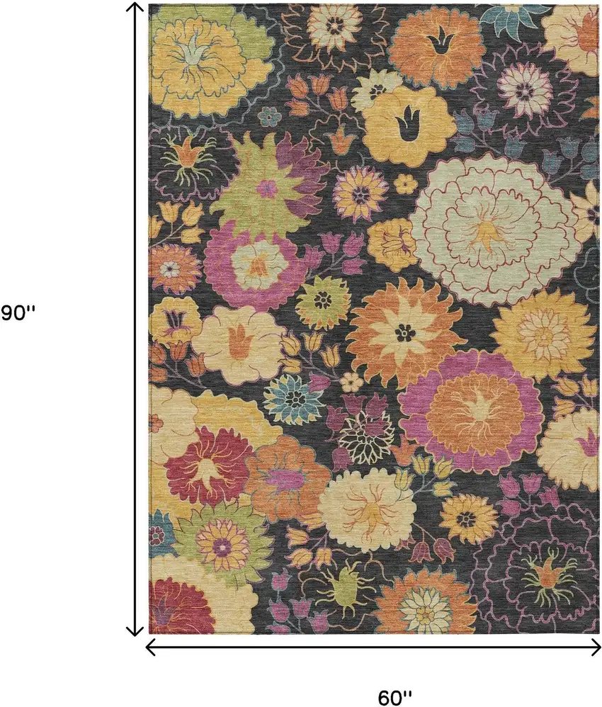 Black Gold And Pink Floral Washable Indoor Outdoor Area Rug Photo 3