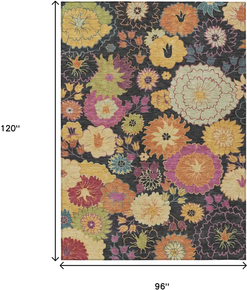 Black Gold And Pink Floral Washable Indoor Outdoor Area Rug Photo 3