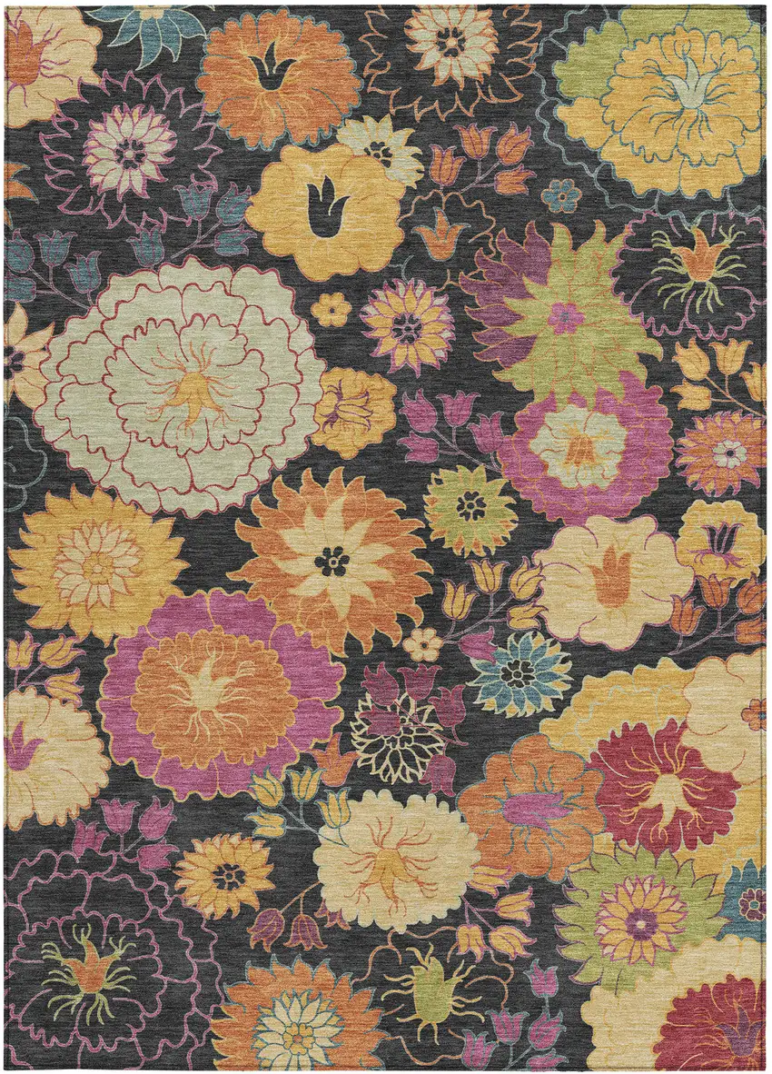 Black Gold And Pink Floral Washable Indoor Outdoor Area Rug Photo 4