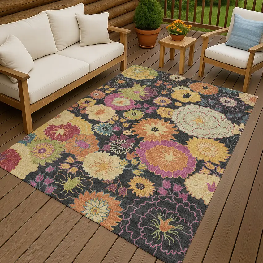 Black Gold And Pink Floral Washable Indoor Outdoor Area Rug Photo 7
