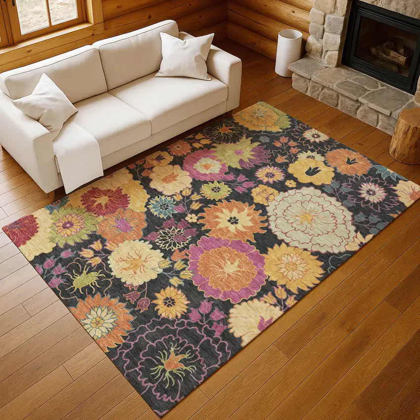 Black Gold And Pink Floral Washable Indoor Outdoor Area Rug Photo 9