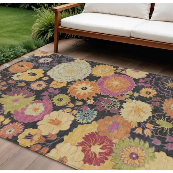 Black Gold And Pink Floral Washable Indoor Outdoor Area Rug Photo 1