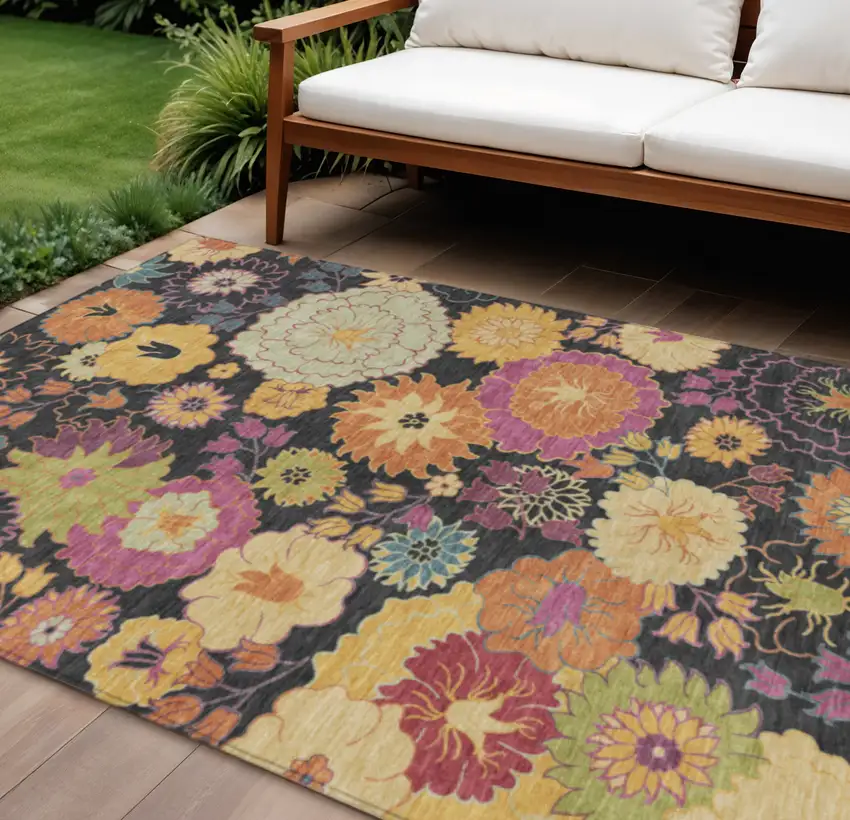 Black Gold And Pink Floral Washable Indoor Outdoor Area Rug Photo 1