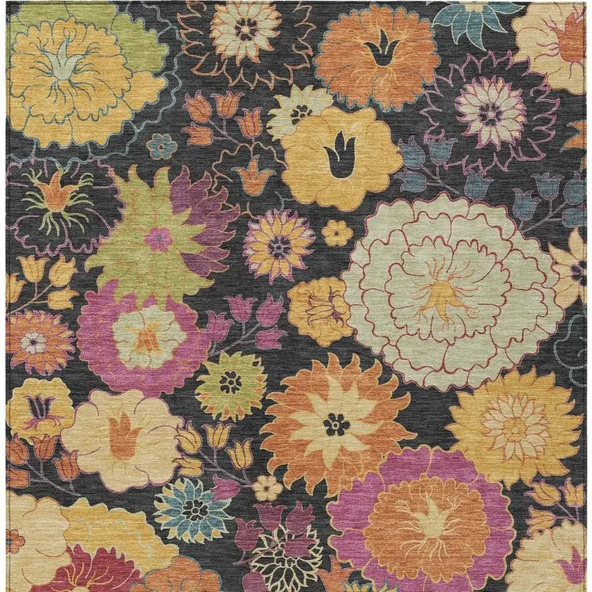 Black Gold And Pink Floral Washable Indoor Outdoor Area Rug Photo 7